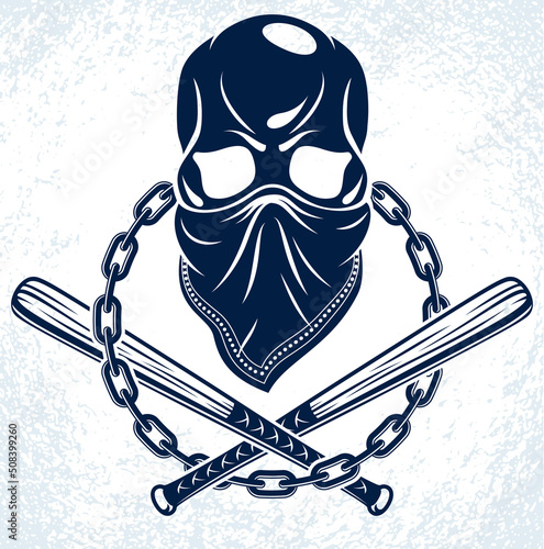 Criminal tattoo, gang emblem or logo with aggressive skull baseball bats design elements, vector, bandit ghetto vintage style, gangster anarchy or mafia theme.