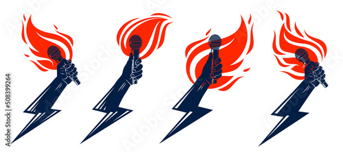 Rap music vector logos or emblems set with microphone in hand flames and lightning bolt, hot Hip Hop rhymes festival concert or night club party labels, t-shirt prints.
