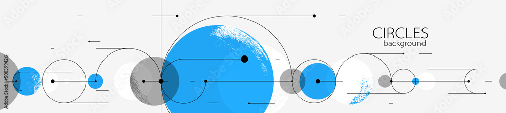 Geometric background with circles and lines vector art, abstract composition technical plan, flat minimal techno system. Geometric background with circles and lines vector art, abstract composition technical plan, flat minimal techno system.