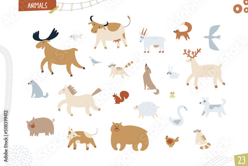 Set of animals. Cartoon funny illustration isolated on white background. Vector art
