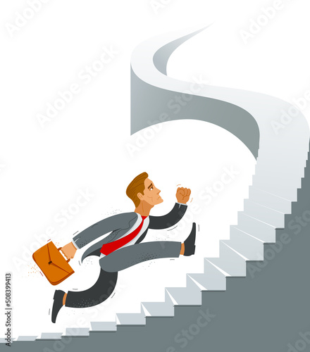Business man run and hurry on stairs up high vector illustration, funny comic cute cartoon businessman worker or employee inspired to career growth success.