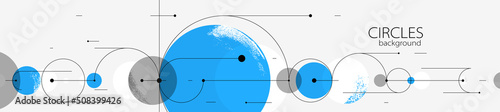 Geometric background with circles and lines vector art, abstract composition technical plan, flat minimal techno system.