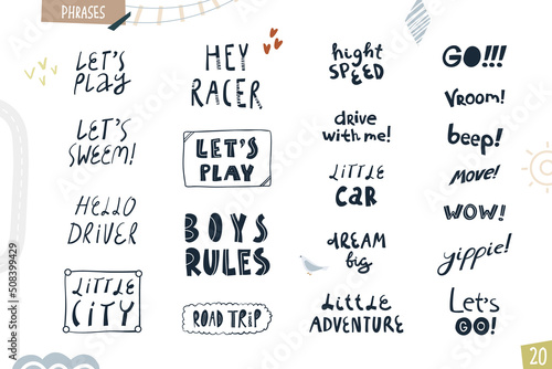 Set of phrases little racer. Cartoon funny illustration isolated on white background. Vector art