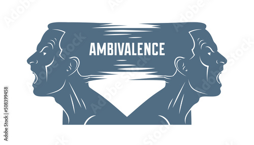 Ambivalence inner conflict and bipolar disorder mental health vector conceptual illustration or logo visualized by two face profiles screaming and shouting in anger.