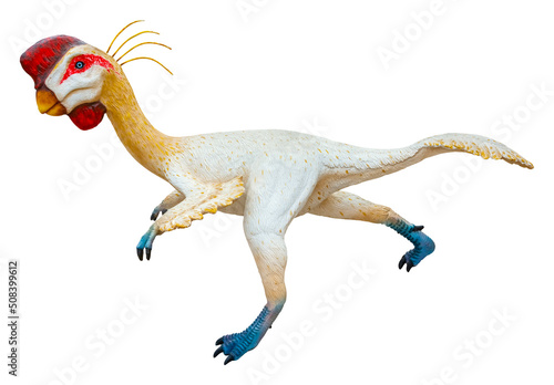 Khaan was an oviraptorid dinosaur that was found in the Djadochta Formation of Mongolia and lived in the Late Cretaceous Period. Khaan is isolated on white background with a clipping path.