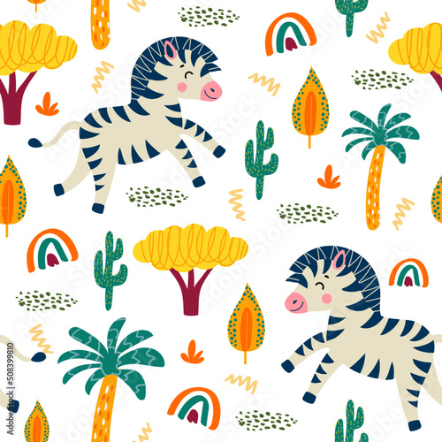 seamless pattern with zebra and plants in a childish cartoon style. vector illustration. for children s textiles and decoration