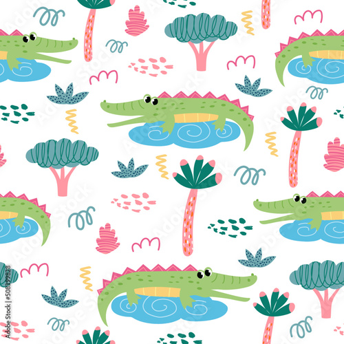 seamless pattern with crocodile and plants in a childish cartoon style. vector illustration. for children s textiles and decoration