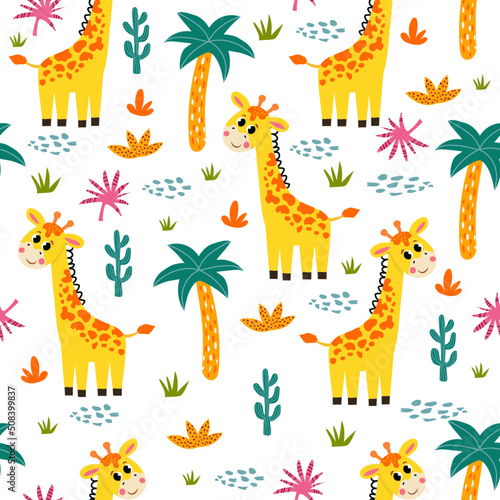 seamless pattern with African giraffe and plants in a childish cartoon style. vector illustration. for children s textiles and decoration