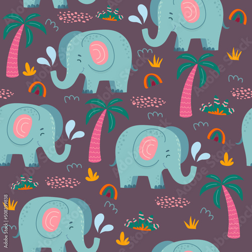 seamless pattern with African elephants and plants in a childish cartoon style. vector illustration. for children's textiles and decoration
