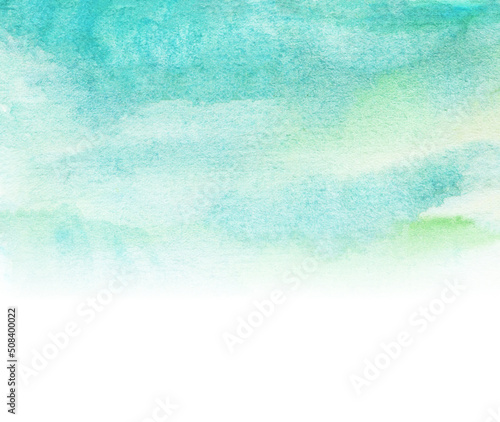 Abstract watercolor background with color splashes, soft turquoise and green colors on white