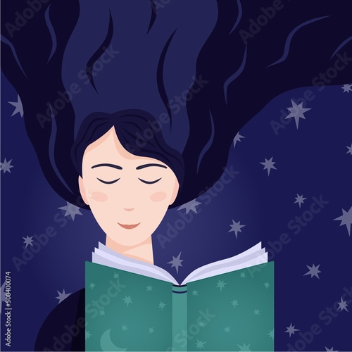 A girl with long hair is reading a book. against the background of the starry sky.
