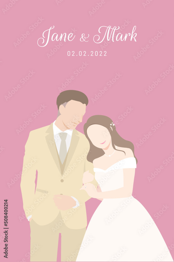 Bride in white dress happily holding arm of her Groom in beige suit for their wedding ceremony invitation card flat vector couple characters on pink background.