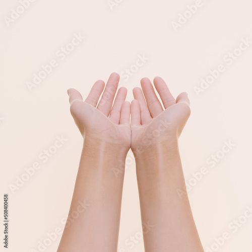 Outstretched cupped hands, presenting gesture 3d rendering, charity concept