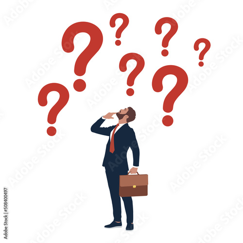 Frustrated businessman thinking and make decision with many question marks. Uncertainty, confusion and decision making, choosing options or choices, answer for question or solution, problem solving.