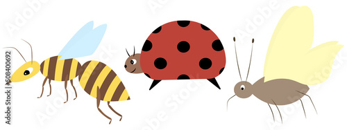 Collection of insects. Wasp, ladybug, mosquito. Colored vector illustration set. Flat style. Winged creatures. Isolated background. Idea for web design.