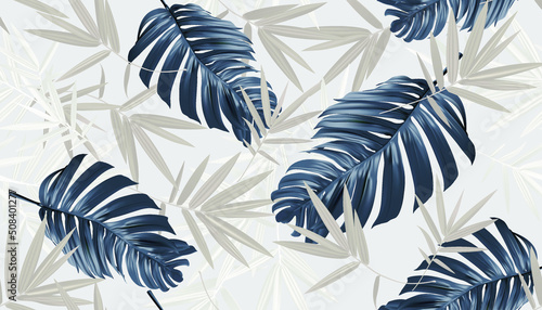 Floral seamless pattern, tropical leaves, palm tree on light gray background, vector illustration