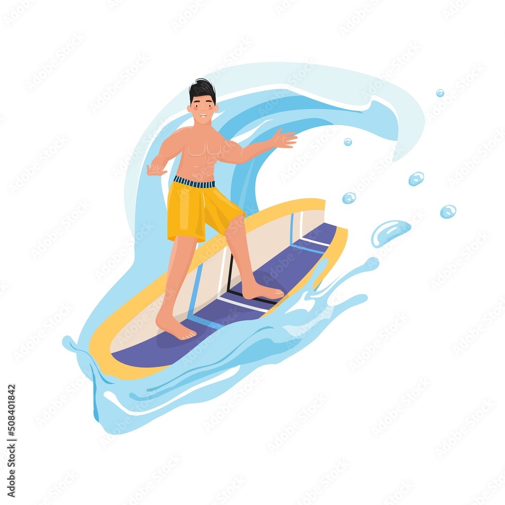 Happy man surfing in the water with a surfboard. Recreational beach water sport.