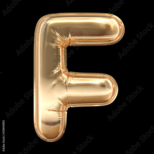 Golden Balloon Letter F isolated on black background 