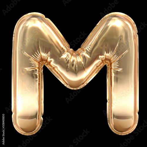 Golden Balloon Letter M isolated on black background 