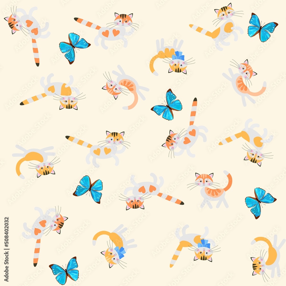 Seamless pattern with cute cartoon cats and blue tropical butterflies isolated on white background in ivory shade. Animal print for baby fabric. Symbol of Chinese New Year, 2023.
