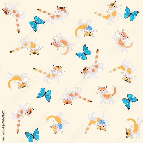 Seamless pattern with cute cartoon cats and blue tropical butterflies isolated on white background in ivory shade. Animal print for baby fabric. Symbol of Chinese New Year, 2023.