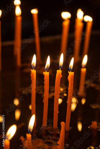Candles burning in the Armenian orthodox church at Geghard monastery near Garni, Unesco World Heritage Site, Kotayk region, Armenia