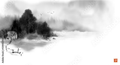 Landscape with fisherman by the misty riverside in minimalist style. Traditional oriental ink painting sumi-e, u-sin, go-hua. Translation of hieroglyph - prosperity