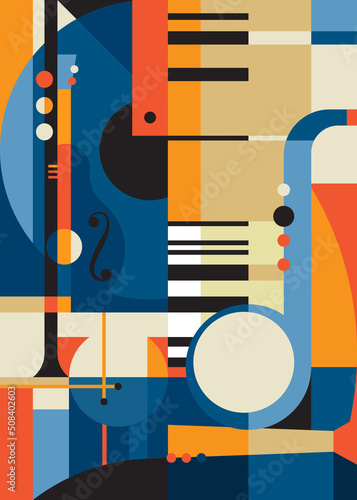 Creative poster with abstract music instruments. Placard design in flat style.