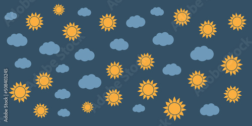Lots of Suns and Cloud Symbols of Various Sizes - Vintage Style Texture, Natural Pattern Background, Design Element in Editable Vector Format