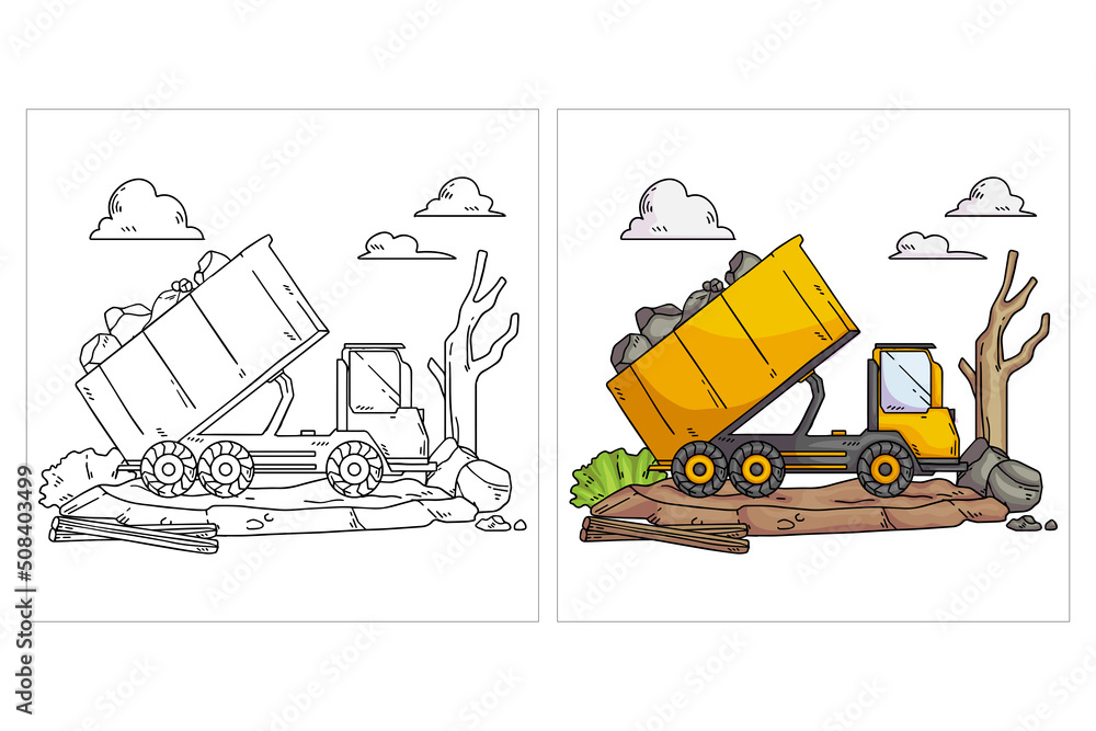 Hand drawn cute Construction Vehicle for coloring page (dump truck ...