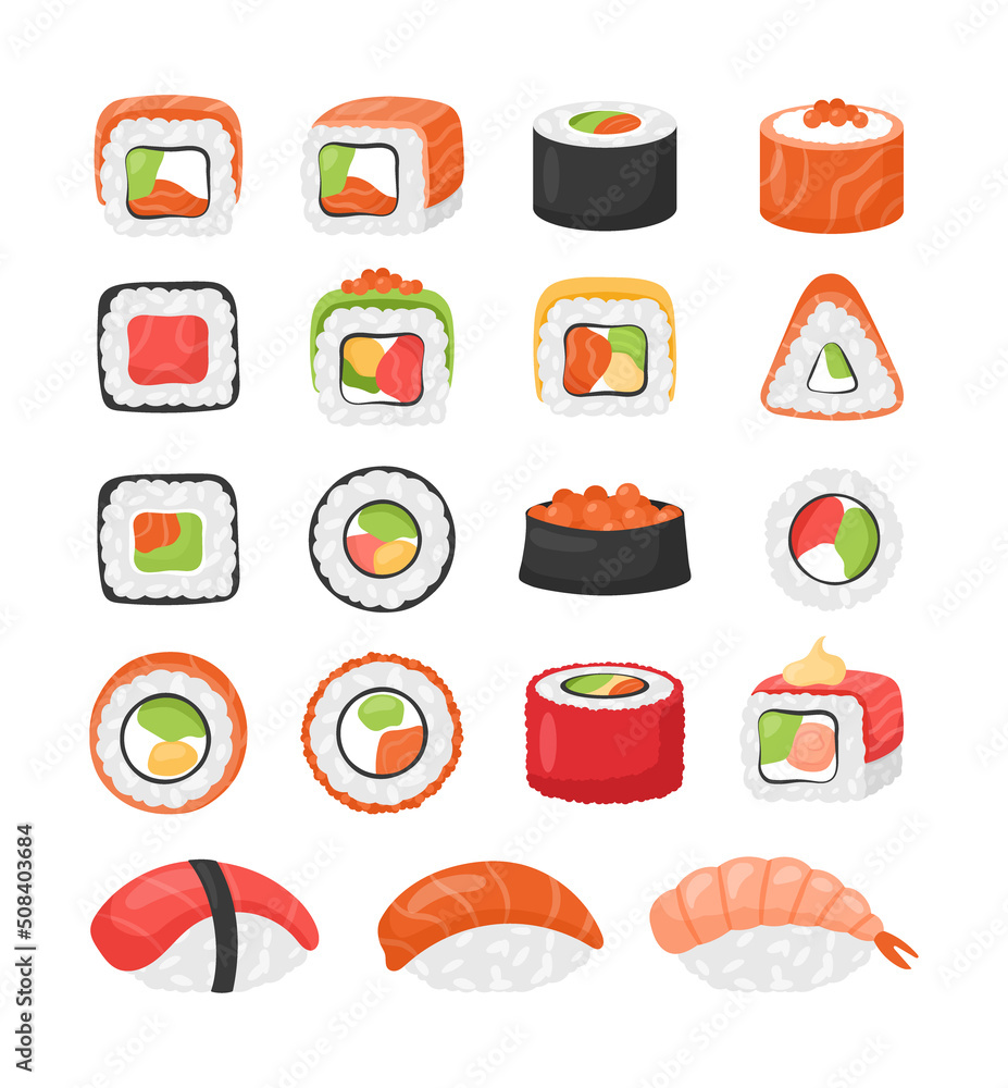 Sushi icon set. Vector collection of various sushi roll, sashimi with shrimp, salmon and tuna, gunkan. Japanese cuisine, traditional food. Asian food. Roll with fish, vegetables and cheese Sushi icon set. Vector collection of various sushi roll, sashimi with shrimp, salmon and tuna, gunkan. Japanese cuisine, traditional food. Asian food. Roll with fish, vegetables and cheese