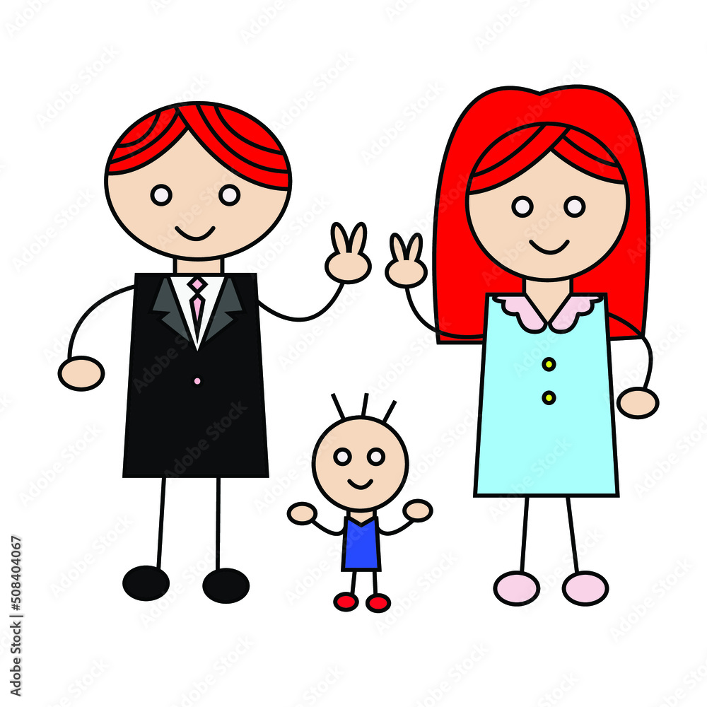 Happy family with Father mother and son standing together children style show victory hand isolated on white