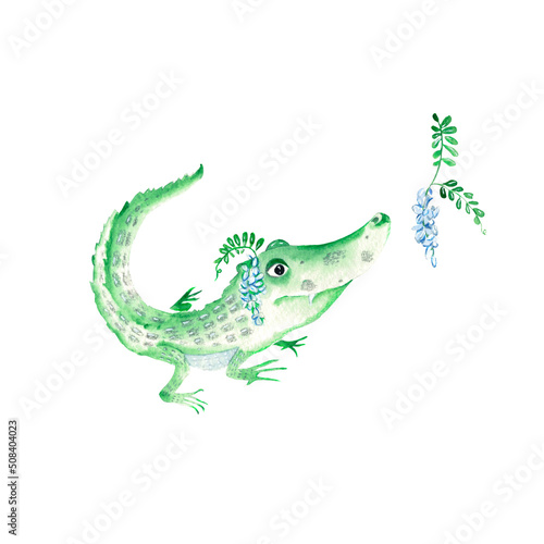 Adorable baby crocodile and acacia branch isolated on white background. Watercolor hand drawn illustration.