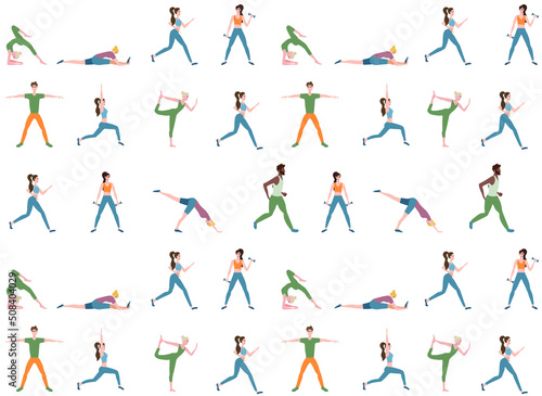 People do sport exercises, vector illustration set. Cartoon young man woman sportive characters in sportswear training with dumbbells, healthy fitness sports workout 