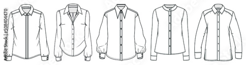 flat sketch set of women's shirt vector illustration, long sleeve formal wear shirt blouse flat technical drawing, isolated on white background