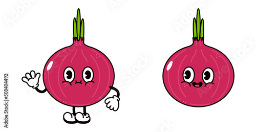 Cute funny red onion waving hand character. Vector hand drawn traditional cartoon vintage, retro, kawaii character illustration icon. Isolated on white background. Onion character concept