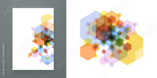 Cover design template. Abstract geometrical background. Transparent pattern of 3d cubes and hexagons. Vector illustration for banner, flyer, poster or brochure.