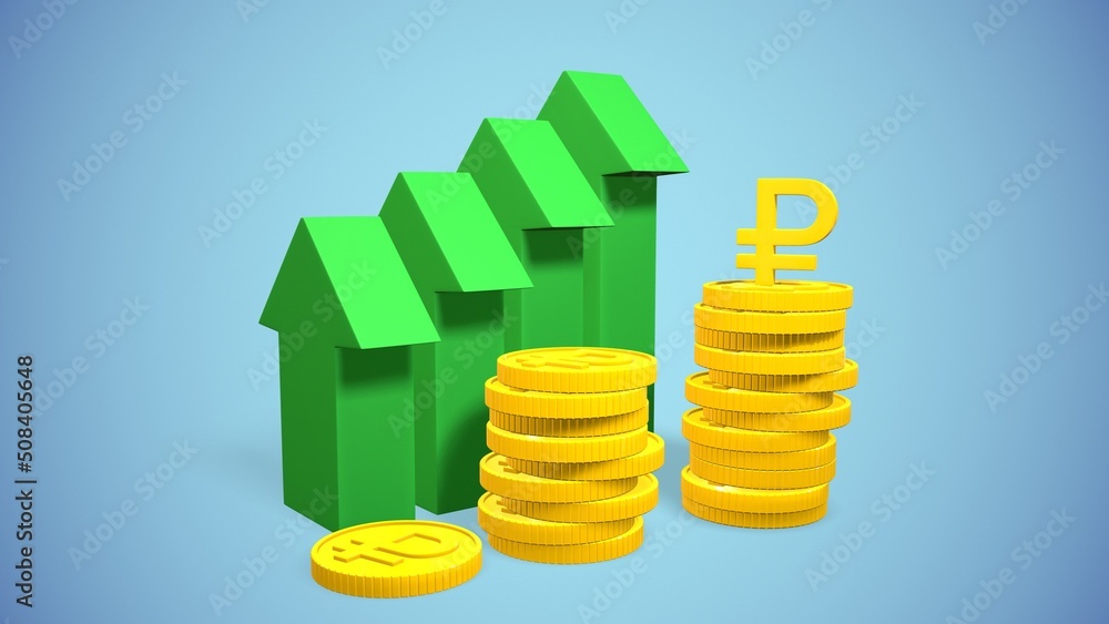 russian ruble coin and sign growth histogram 3d-rendering russian ruble coin and sign growth histogram 3d-rendering