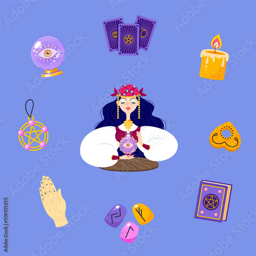 Fortune telling concept. Cartoon illustrations of a beautiful girl reading the future by crystal ball and magic accessories on a purple background. Vector 10 EPS.