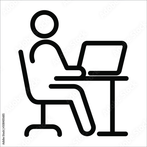 Remote Work, Worker Man Line Symbol at Designer-Freelancer Desk, Icons in Outline Style Of Coworker Icon Set and Workplace or Workspace, Stroke Editable Custom Vector Pictogram.