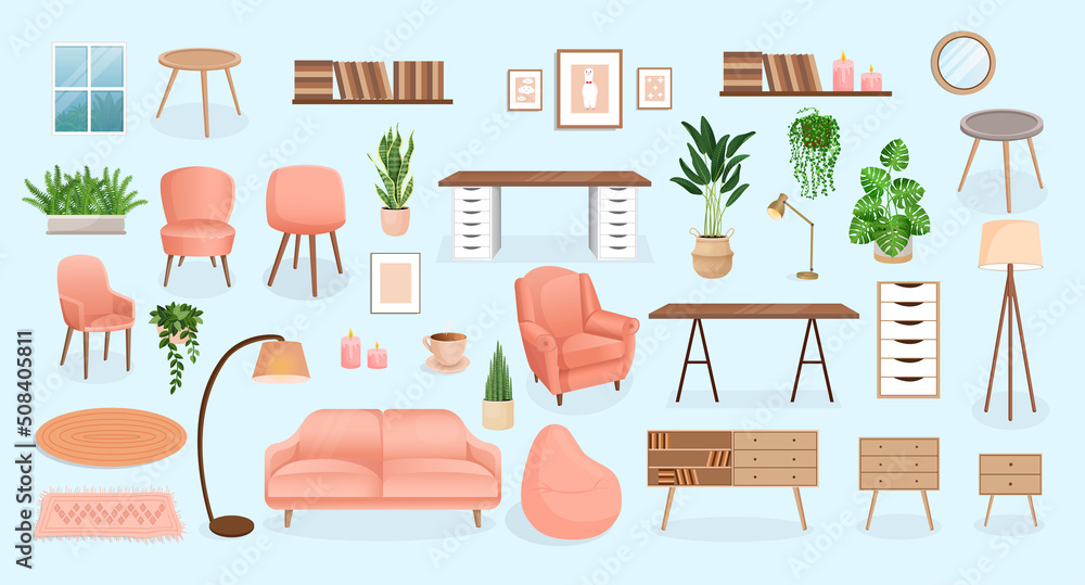 Set of furniture for the bedroom, hallway, living room, office. Collection of items for the interior of an apartment, office, home. Vector illustration in flat cartoon style. Housing elements. Set of furniture for the bedroom, hallway, living room, office. Collection of items for the interior of an apartment, office, home. Vector illustration in flat cartoon style. Housing elements.