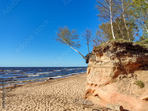 Veczemju Klintis, Veczemju Cliffs on Baltic Sea Near Tuja, Latvia. Beautiful Sea Shore With Limestone and Sand Caves. Calm, Relaxing, Meditation Nature. Concept of Romantic Evening and Holidays