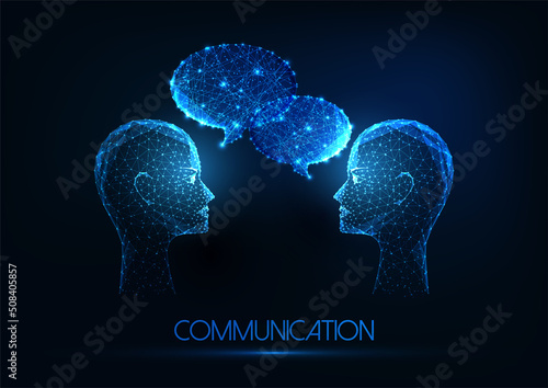 Futuristic communication, dialog concept with glowing low polygonal human heads and speech bubbles