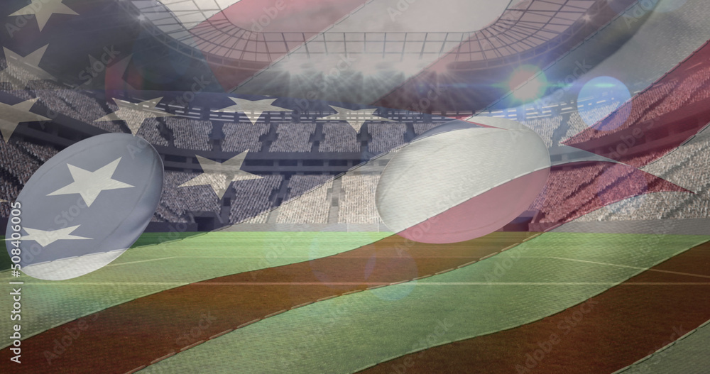 Naklejka premium Waving american flag over multiple rugby balls falling against sports stadium