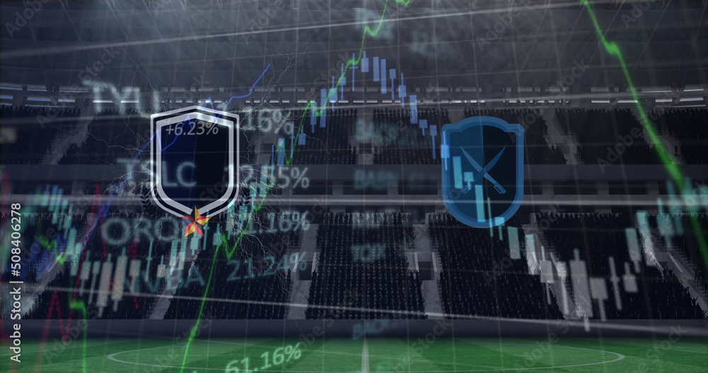 Image of team emblems with graphs and data processing over sports stadium Image of team emblems with graphs and data processing over sports stadium