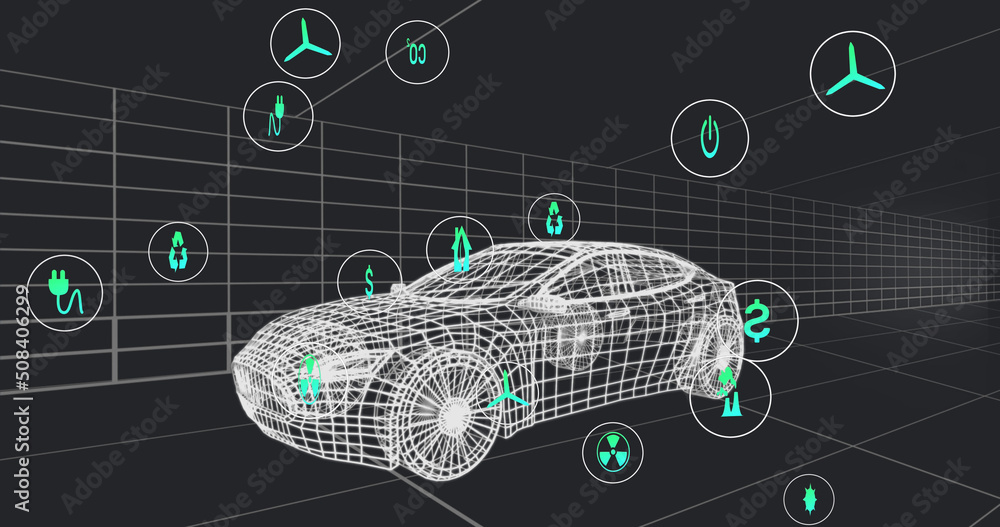 Image of icons processing status data over 3d car model moving on black background