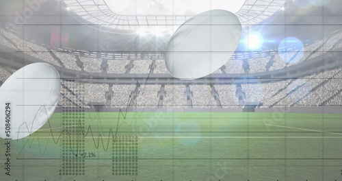 Image of falling rugby balls with graphs and data processing over sports stadium