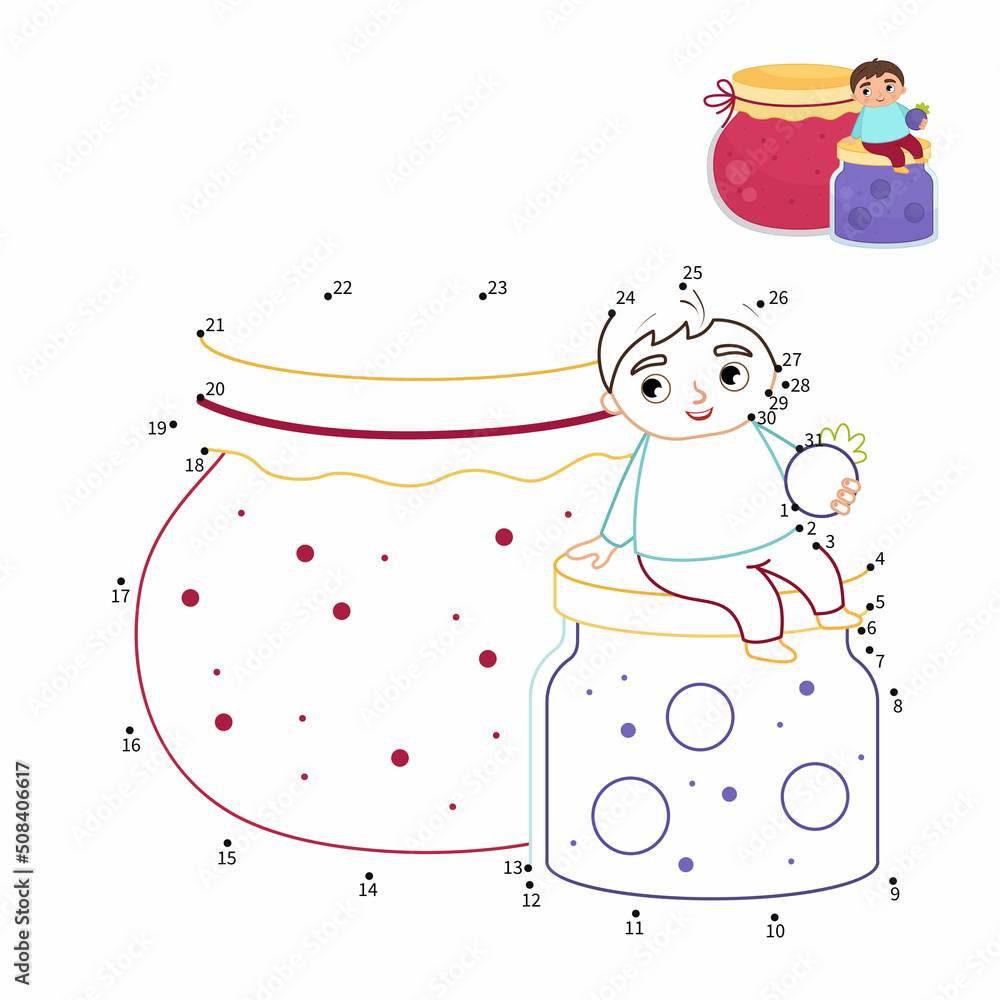 Fototapeta premium Educational game for kids. Dot to dot game for children. A cute boy sits on a jar of jam. 
