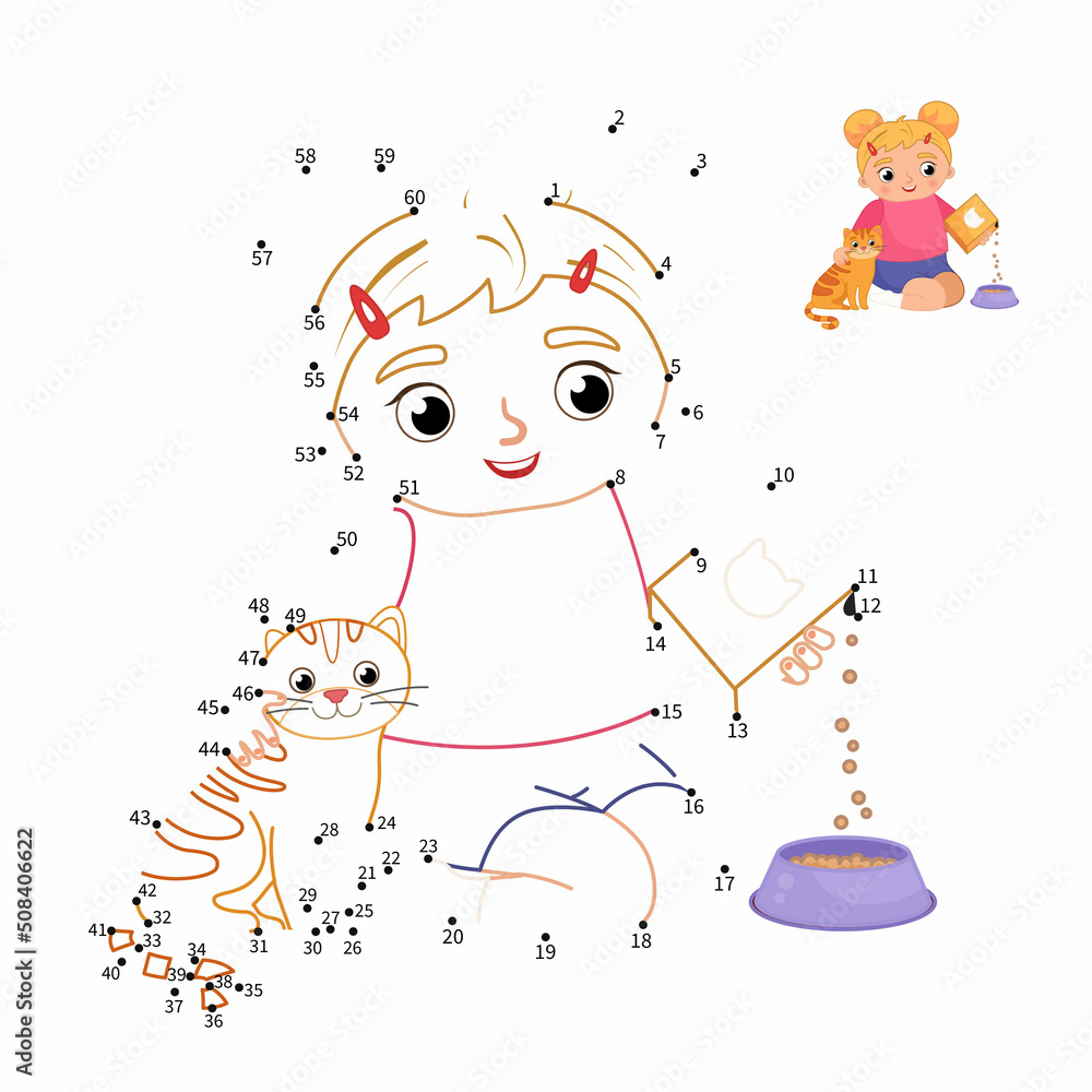 Naklejka premium Educational game for kids. Dot to dot game for children. A cute girl is feeding a ginger cat. 