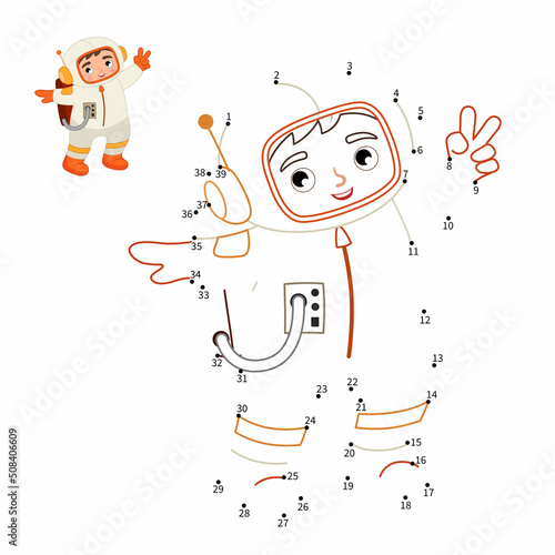 Educational game for kids. Dot to dot game for children. Cute boy astronaut.
